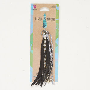 Tassel 1pkg1, silver- and antique brass-finished brass and steel / suede leather / cotton / glass, mixed colors, 4 inches with hinged bail / cup chain / ball chain.