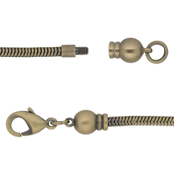Dione® Easy-On Chain, antique gold-plated brass, 2.6mm snake, 16 inches with 3.3mm threaded ball end and lobster claw clasp. Sold individually. image number 0