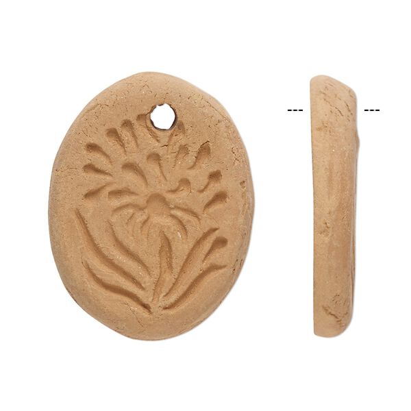 Drop, terra cotta, 28x21mm-30x23mm single-sided flat oval with flower design. Sold per pkg of 2. image number 0