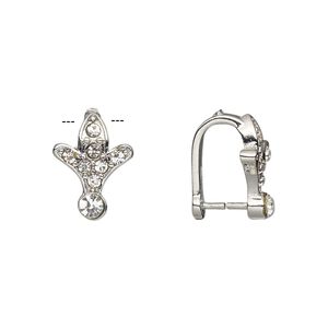 Bail, ice-pick, Egyptian glass rhinestone and imitation rhodium-plated brass, clear, 14x10mm flower, 8mm grip length. Sold per pkg of 6.