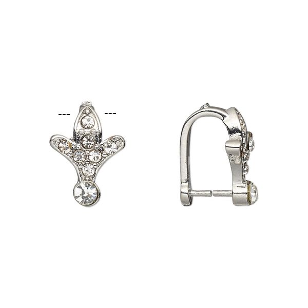 Bail, ice-pick, Egyptian glass rhinestone and imitation rhodium-plated brass, clear, 14x10mm flower, 8mm grip length. Sold per pkg of 6. image number 0