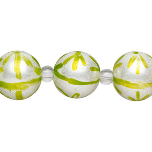 Bead, glass 1pkg8, opaque white and green, 14mm hand-painted round.