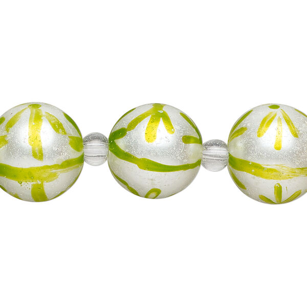 Bead, glass 1pkg8, opaque white and green, 14mm hand-painted round. image number 0