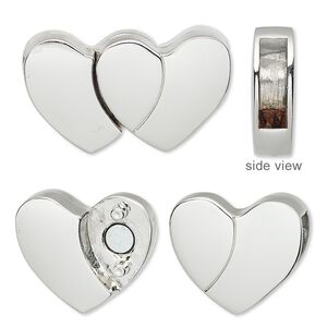 Clasp magnetic 1pkg1 imitation rhodium-plated "pewter" (zinc alloy), 28x17mm double heart / fits 12x3.5mm cord, 1-strand