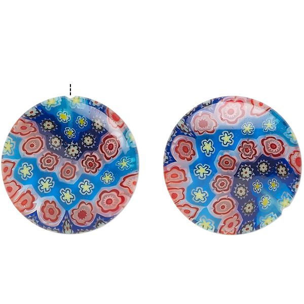 Bead, millefiori glass, translucent mixed colors, 20mm half-drilled puffed flat round with star and flower design, 0.6-0.8mm hole. Sold per pkg of 2. image number 0