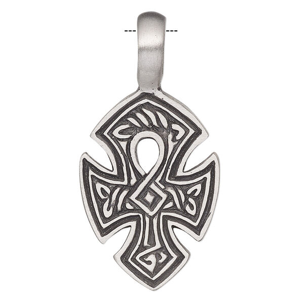 Pendant, Powerful Pewter Pendants, antiqued pewter (tin-based alloy), 42x21mm single-sided ankh with Celtic knot design and 6mm hole. Sold individually. image number 0