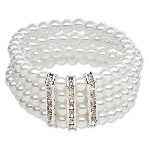 Bracelet, Everyday Jewelry, 4-strand stretch, acrylic / glass rhinestone / silver-plated "pewter" (zinc-based alloy), white and clear, 44mm wide with 6mm round, 6 inches. Sold individually.