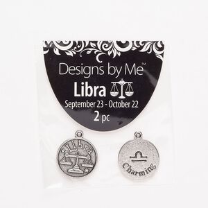 "Pewter" (zinc-based alloy) / enamel 1pkg2, 2-sided round charm / Libra / "Charming" antique silver-finish / black 17mm