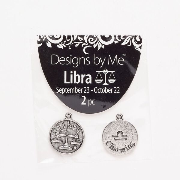 "Pewter" (zinc-based alloy) / enamel 1pkg2, 2-sided round charm / Libra / "Charming" antique silver-finish / black 17mm image number 0
