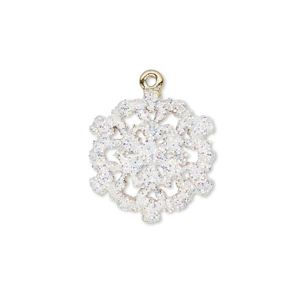 Charm, enamel and gold-finished "pewter" (zinc-based alloy), white with glitter, 19mm single-sided snowflake. Sold individually. image number 0