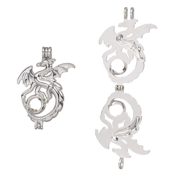 Pendant, imitation rhodium-finished "pewter" (zinc-based alloy), 41.5x29.5mm two-sided dragon bead cage, fits 8mm round bead. Sold individually. image number 0