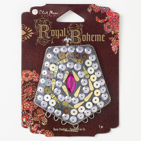 Focal, resin / acrylic sequins / antique silver-finished "pewter" (zinc-based alloy), multicolored, 57x54mm-57x55mm pentagon, 7 loops. Sold individually. image number 0