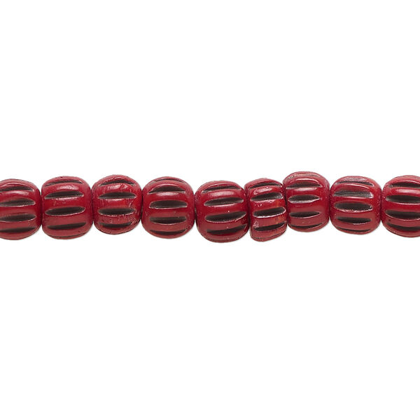 Bead, bone (dyed), red and black, 6.5x5.5mm corrugated barrel. Sold per 15-1/2" to 16" strand. image number 0