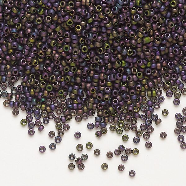 Seed bead, Miyuki, glass, pkg/35g, #15 rocaille, opaque matte metallic iris magenta green (RR-2062). image number 0