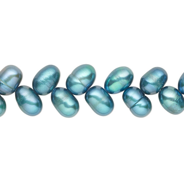 Pearl, cultured freshwater (dyed), teal, 6x5mm-8x6mm herringbone-drilled rice with 0.4-0.6mm hole, D grade, Mohs hardness 2-1/2 to 4. Sold per 15-inch strand. image number 0