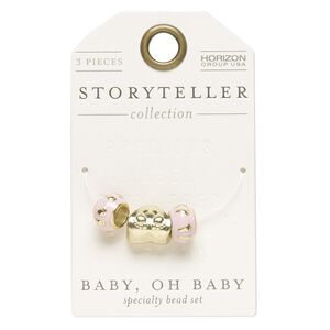 Bead mix, enamel and gold-finished "pewter" (zinc-based alloy), light pink, 11x8mm rondelle and 13x12mm heart with baby footprint design and 5mm and 6mm hole. Sold per pkg of 3.