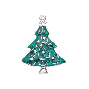 Charm, enamel / crystals / silver-plated "pewter" (zinc-based alloy), green and crystal clear, 27x22mm single-sided Christmas tree. Sold individually.