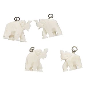 Drop, antique silver-finished brass and bone (bleached), 14x11mm-18x12mm carved elephant, Mohs hardness 2-1/2. Sold per pkg of 4.