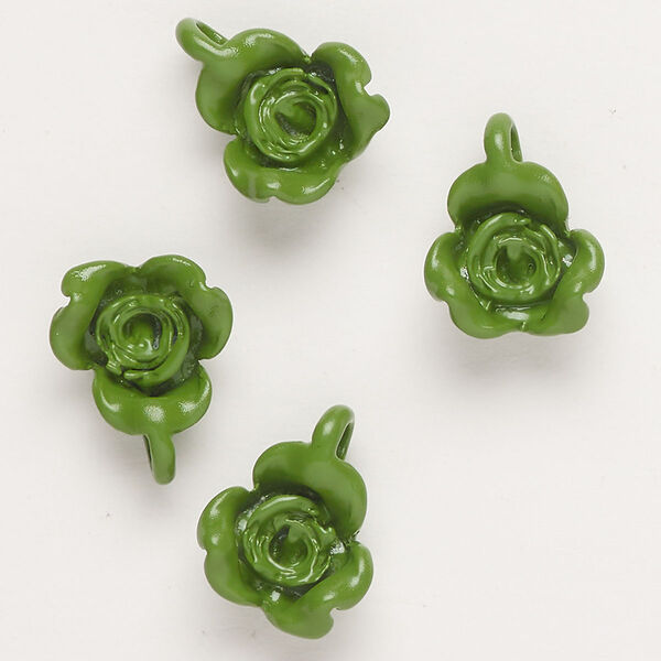 Charm, "pewter" (zinc-based alloy) and enamel, moss green, 17x13mm flower. Sold per pkg of 4. image number 0