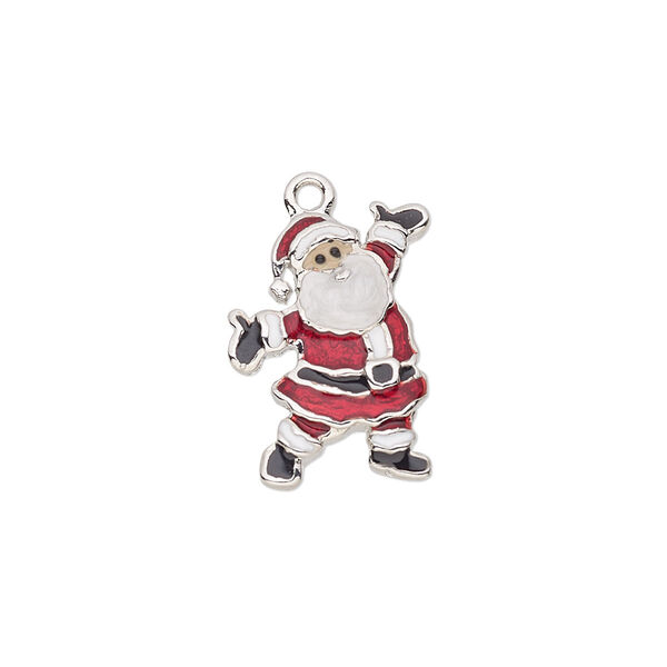 Charm, enamel and imitation rhodium-plated "pewter" (zinc-based alloy), red / white / black, 19x15mm single-sided Santa Claus. Sold individually. image number 0