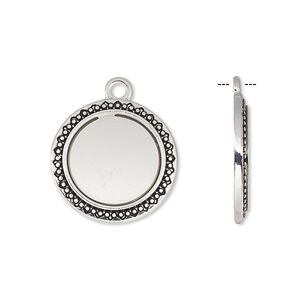 Drop, antique silver-finished "pewter" (zinc-based alloy), 19mm round with beaded and triangle edge with 14mm round setting. Sold per pkg of 6.