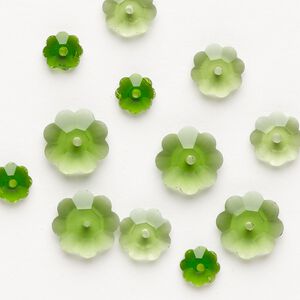 Bead assortment glass 12pk 10x3.5mm 8x3mm 6x2mm margarita flower, transparent green