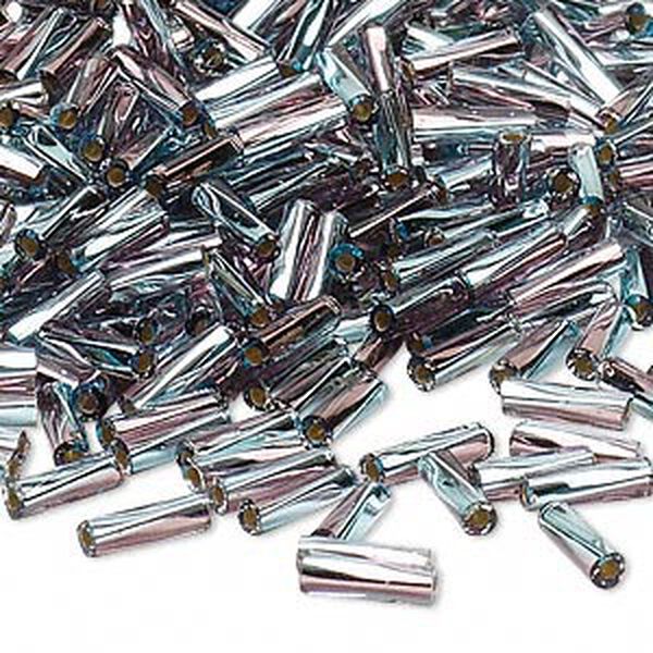 Bead, Miyuki, bugle bead, glass, pkg/50 g, 6x2mm center-drilled twisted, silver-lined translucent aquamarine blue/plum (TW-3938). image number 0