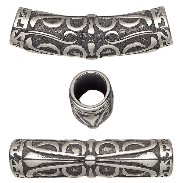 Bead, antiqued stainless steel, 35.5x12.5mm curved tube with filigree design. Sold individually. image number 0