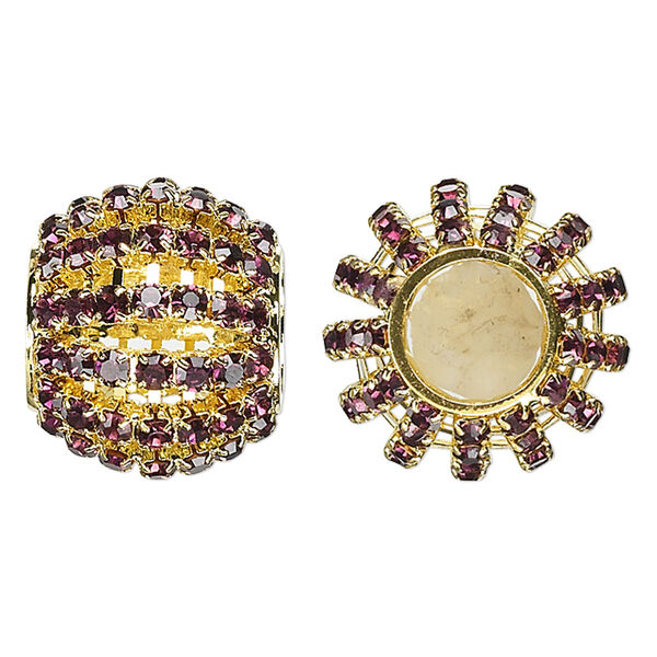 Bead, glass rhinestone and gold-finished brass, purple, 25x20mm barrel with 3mm chatons, 11.5mm hole. Sold individually. image number 0
