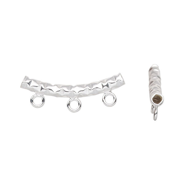 Bead, sterling silver, 25x3mm textured curved tube with 3 closed loops. Sold individually. image number 0
