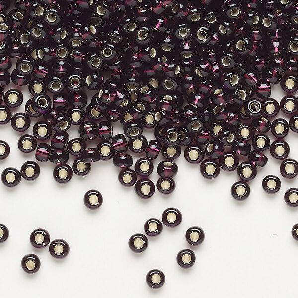 Seed bead, Miyuki, glass, pkg/50g, #8 rocaille, transparent silver-lined extra dark smoky amethyst (RR-2428). image number 0