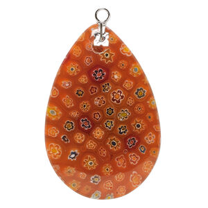 Focal, millefiori glass and silver-finished steel 1pkg1, translucent red-orange and multicolored, 47x31mm-48x32mm puffed teardrop.