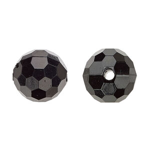 Bead, acrylic, opaque black, 15mm faceted round. Sold per 100-gram pkg, approximately 50 beads.