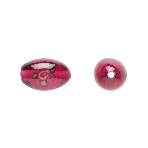 Bead, Czech lampworked glass, opaque red / pink / green, 12x8mm-13x9mm olive with flower design. Sold per pkg of 4. image number 0