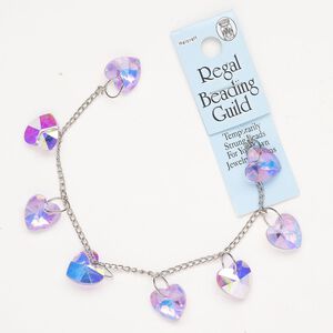 Chain steel glass 1 pk curb faceted heart drop, silver finish and purple AB 7 inch