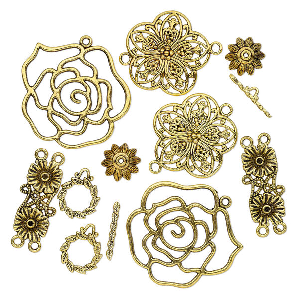 Component, antique gold-finished "pewter" (zinc-based alloy), 14x7mm-42x39mm assorted flower. Sold per pkg of 10. image number 0