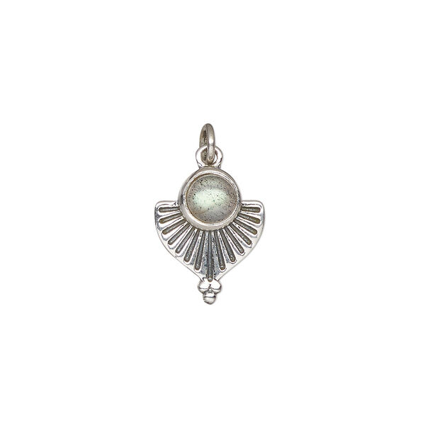 Labradorite / sterling silver 1pkg1, fan drop natural antiqued 14x11.5mm image number 0