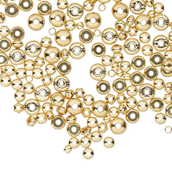 Bead, gold-plated brass, 2mm-4.5x3mm assorted round and rondelle. Sold per pkg of 200. image number 0