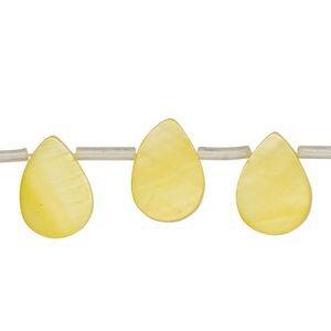 Bead, mother-of-pearl shell (dyed), yellow, 13x3mm-14x9mm top-drilled flat teardrop, Mohs hardness 3-1/2. Sold per 13-inch strand, approximately 25 beads.