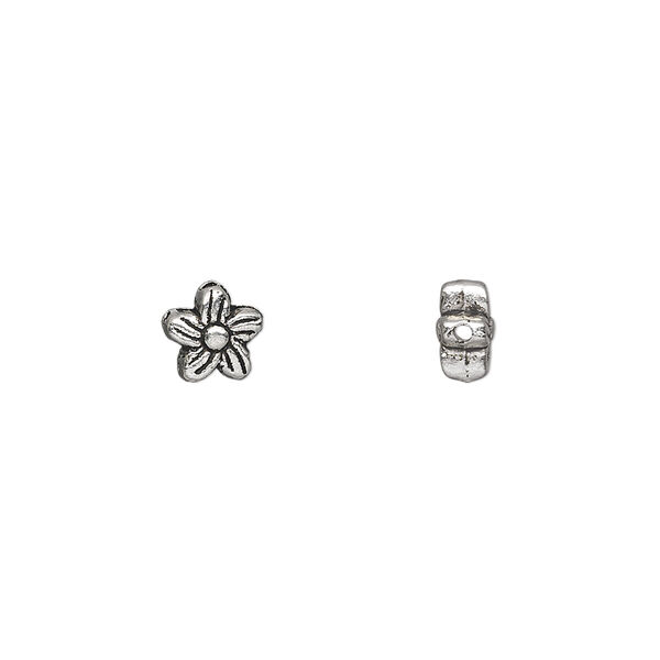 Bead, antique silver-plated "pewter" (zinc-based alloy), 7x6mm double-sided flower. Sold per pkg of 50. image number 0