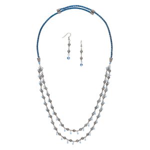 Necklace and earring set, One of a Kind Jewelry, antique silver-plated brass / color-coated copper / crystal, blue and light sapphire, 30-inch necklace. Only one available.