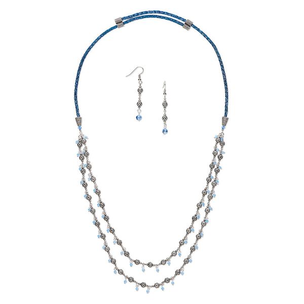 Necklace and earring set, One of a Kind Jewelry, antique silver-plated brass / color-coated copper / crystal, blue and light sapphire, 30-inch necklace. Only one available. image number 0