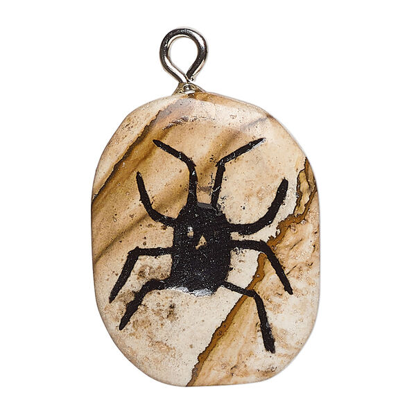 Focal, silver-finished steel / picture jasper (natural) /  enamel, opaque black, 30x22mm-35x25mm single-sided freeform with bug. Sold individually. image number 0