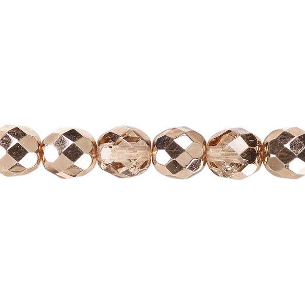 Bead, Czech fire-polished glass, clear with half-coat metallic apricot, 8mm faceted round. Sold per 15-1/2" to 16" strand. image number 0