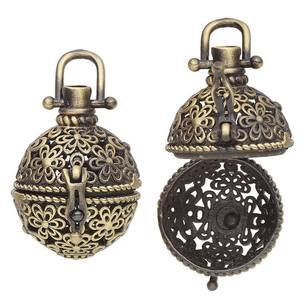 Drop, antique brass-finished brass, 28.5x21mm round bead cage with cutout flowers design and safety latch, fits up to 16mm bead. Sold individually. image number 0
