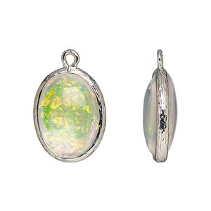 Drop, Opalized Ice™, "opal" (resin) and imitation rhodium-finished brass, opaque white, 20x15mm double-sided oval. Sold per pkg of 4.
