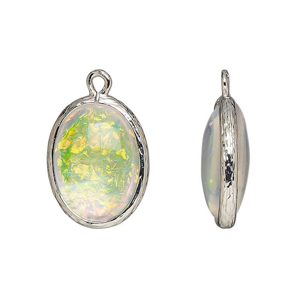 Drop, Opalized Ice™, "opal" (resin) and imitation rhodium-finished brass, opaque white, 20x15mm double-sided oval. Sold per pkg of 4. image number 0