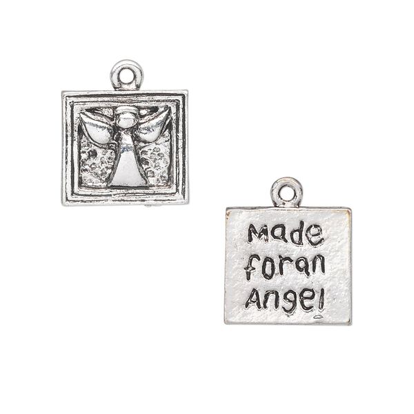 Charm, antique silver-plated "pewter" (zinc-based alloy), 13x12mm two-sided square with angel design and "Made for an Angel." Sold per pkg of 10. image number 0