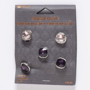 Slide mix, glass and silver-finished "pewter" (zinc-based alloy), pink and purple, 12x9mm rounded square and faceted square, 6.5mm hole. Sold per pkg of 5.