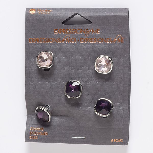 Slide mix, glass and silver-finished "pewter" (zinc-based alloy), pink and purple, 12x9mm rounded square and faceted square, 6.5mm hole. Sold per pkg of 5. image number 0